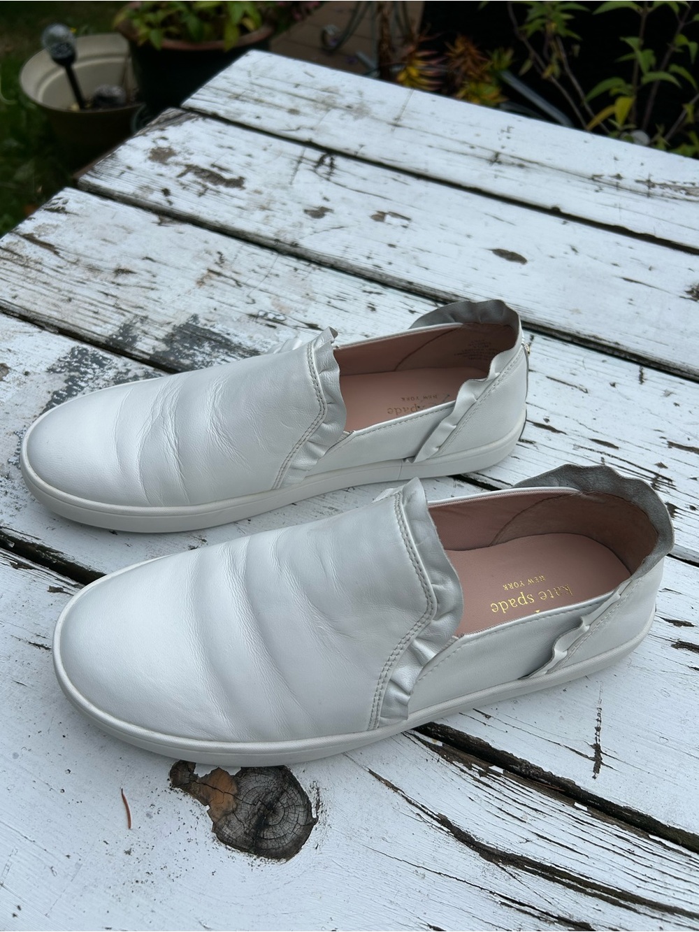kate spade Lilly White Leather Ruffled Slip-On Sneakers